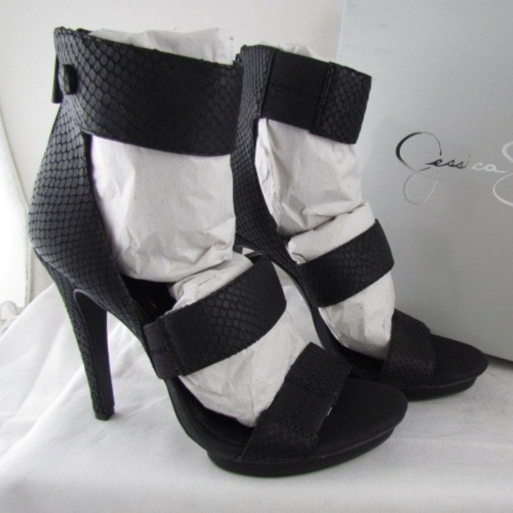 NIB Black Jessica Simpson Fransi Snake Skin Strappy Dress Sandals 9.5 MSRP $109